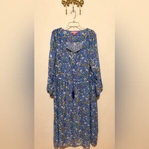 Woman Within Blue Floral Long Sleeve Dress Tassels at neck. Size 22.